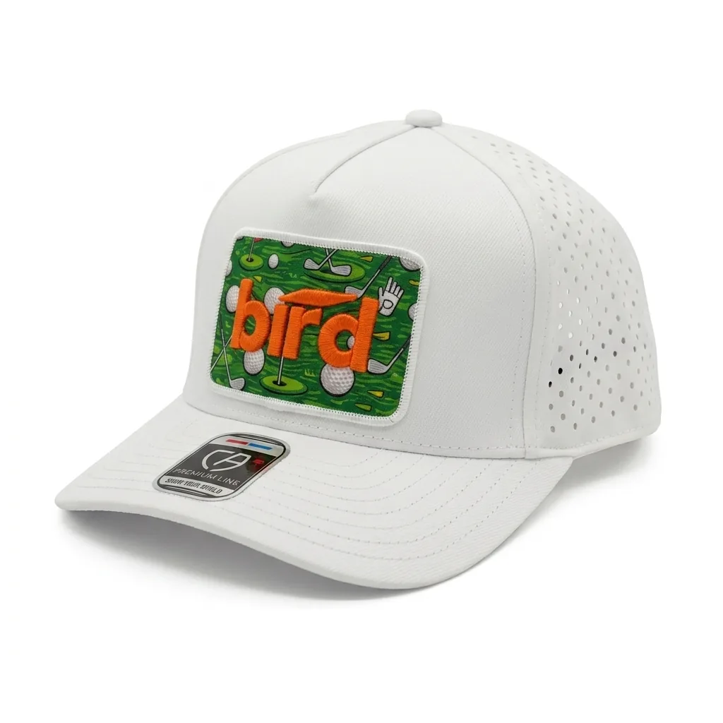 Custom embroidery and decoration by Bossa: crest bird hat